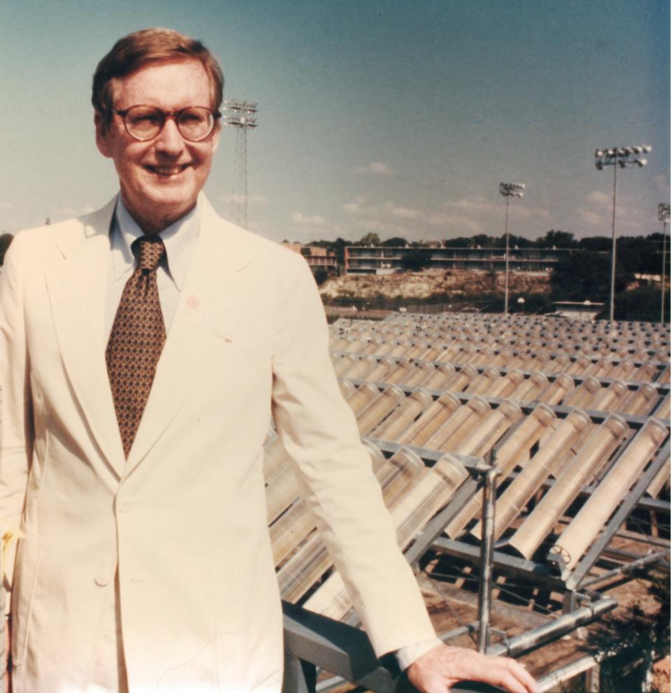 Lynn L. Northrup at Trinity University passive solar installation, San Antonio, Texas.