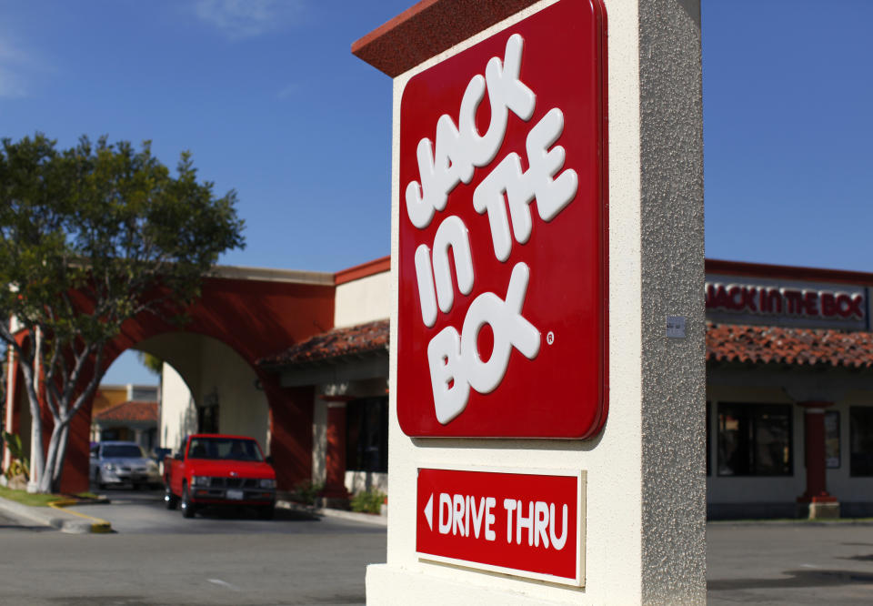 Jack in the Box drive-thru restaurant in San Marcos, California on February 21, 2012. Jack in the Box is scheduled to report earnings this week. REUTERS/Mike Blake (USA - Tag: Business Food)