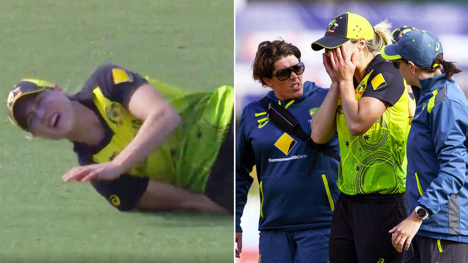 Seen here, Ellyse Perry went down in pain after a worrying injury against New Zealand.