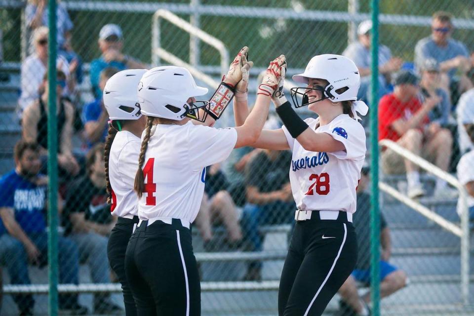 Lafayette’s Anna Clay Denton (28) celebrates hitting a home run against Tates Creek during the Generals’ 12-0 win Thursday night.