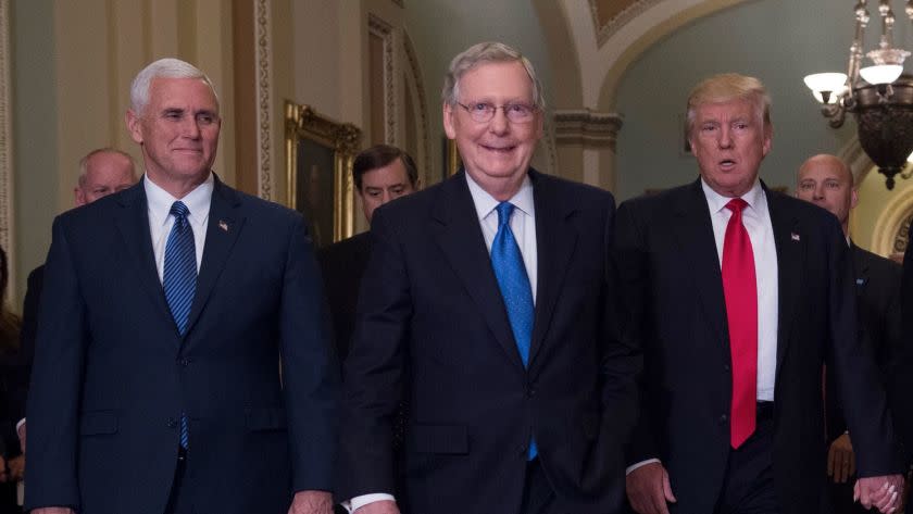 Healthcare policy now belongs to them: Senate Majority Leader Mitch McConnell (R-Ky.) meets with President-elect Donald Trump and Vice President-elect Mike Pence at the Capitol on Thursday.