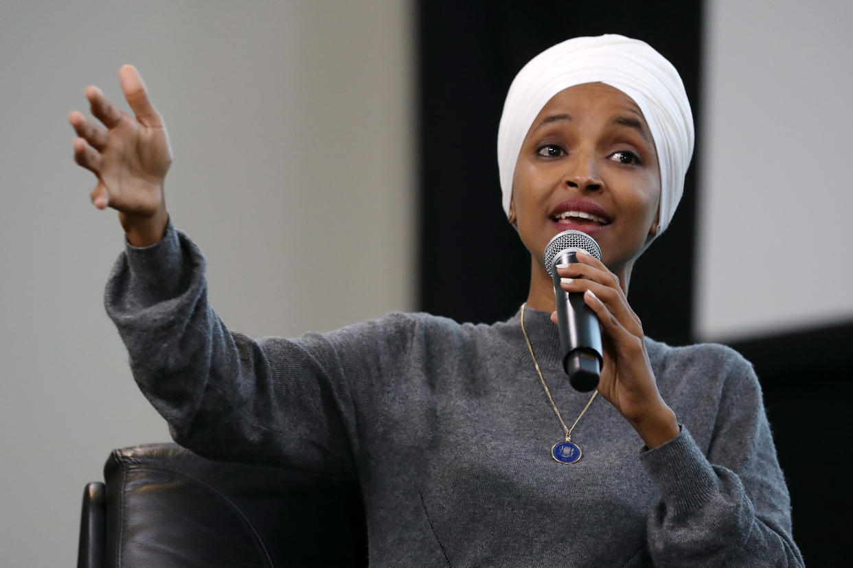 Rep. Ilhan Omar, D-Minn., participates in a panel discussion during the Muslim Collective For Equitable Democracy Conference and Presidential Forum. (Photo: Chip Somodevilla/Getty Images)