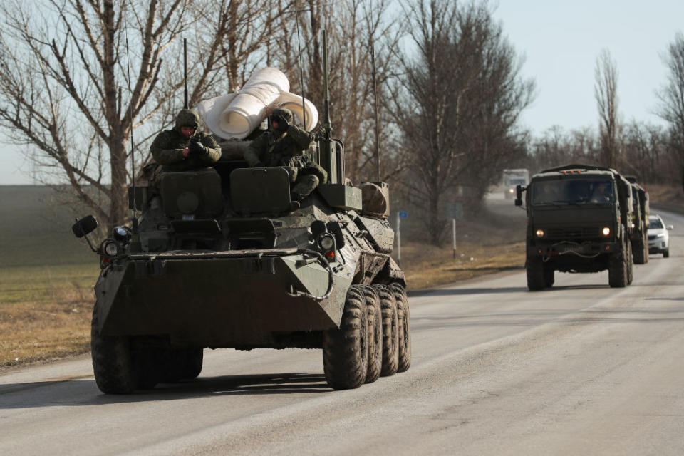 An armoured vehicle drives by in Rostov-on-Don Region, Russia.