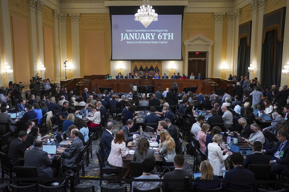 The House select committee investigating the Jan. 6 attack on the U.S. Capitol holds its first public hearing to reveal the findings of a year-long investigation, on Capitol Hill in Washington, Thursday, June 9, 2022. (Jabin Botsford//The Washington Post via AP, Pool)