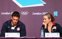 LONDON, ENGLAND - JULY 26: Ryan Lochte (L) and Natalie Coughlin (R) of the USA Swim Team speak during a press conference at the Main Press Center on July 26, 2012 in London, England. (Photo by Ryan Pierse/Getty Images)