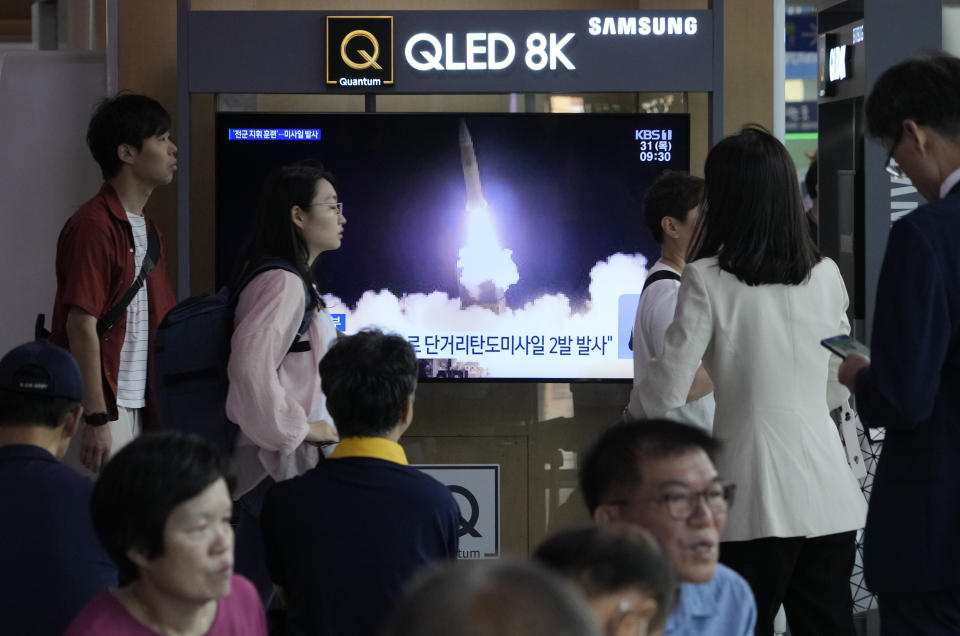 A TV screen shows an image of North Korea's missile launch during a news program at the Seoul Railway Station in Seoul, South Korea, Thursday, Aug. 31, 2023. North Korea launched two short-range ballistic missiles toward the sea on Wednesday night, its neighbors said, hours after the U.S. flew long-range bombers for drills with its allies in a show of force against the North. (AP Photo/Ahn Young-joon)