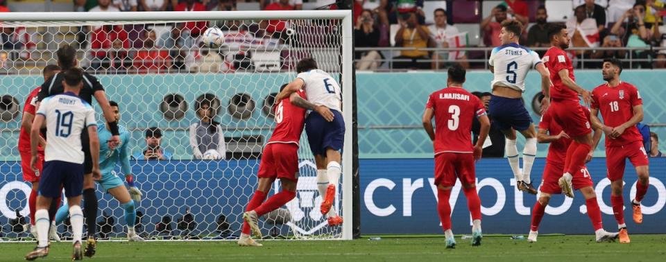 Harry Maguire heads towards goal (AFP/Getty)