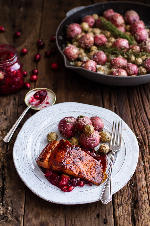 <strong>Get the <a href="http://www.halfbakedharvest.com/maple-bourbon-glazed-salmon-wsweet-cranberry-chutney-salt-roasted-potatoes/" target="_blank">Maple Bourbon Glazed Salmon with Sweet Cranberry Chutney recipe</a> from Half Baked Harvest</strong>