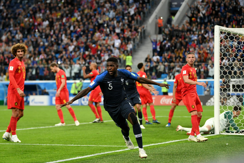 <p>Samuel Umtiti of France celebrates after scoring his team’s first goal during the 2018 FIFA World Cup Russia Semi Final match between Belgium and France at Saint Petersburg Stadium on July 10, 2018 in Saint Petersburg, Russia. (Photo by Shaun Botterill/Getty Images) </p>