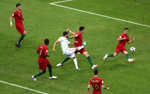  Diego Costa of Spain scores the equalising goal to make the score 1-1 during the 2018 FIFA World Cup Russia group B match between Portugal and Spain at Fisht Stadium - Credit: Michael Steele/Getty Images