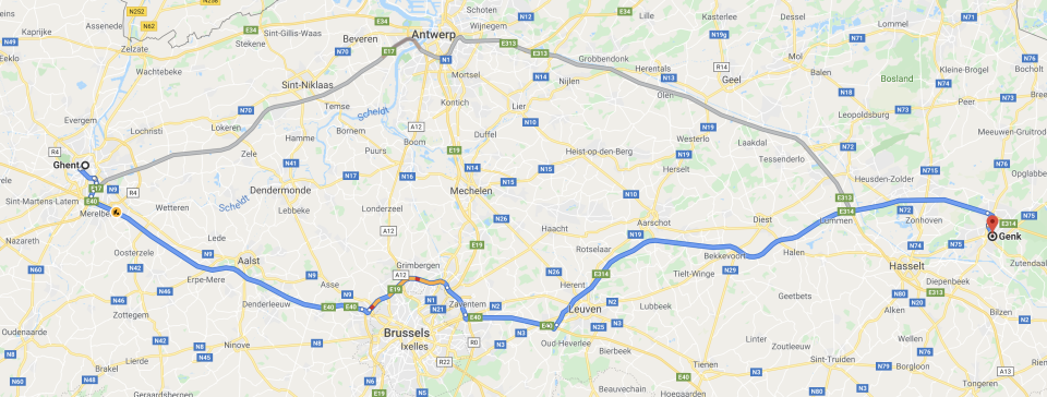 Gent and Genk are around 150km (93miles) apart (Google maps)