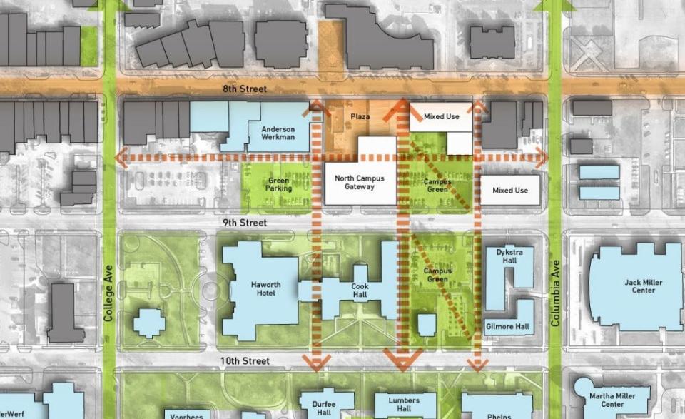 A screenshot from a presentation to the Holland Planning Commission shows where three new buildings, in white, would be located in a potential Hope College campus expansion in downtown Holland.