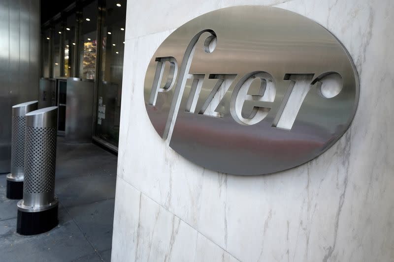 FILE PHOTO: The Pfizer logo is pictured on their headquarters building