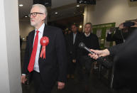 British opposition Labour Party leader Jeremy Corbyn arrives for the declaration of his seat in the 2019 general election in Islington, London, Friday, Dec. 13, 2019. The first handful of results to be declared in Britain's election are showing a surge in support for to the Conservatives in northern England seats where Labour has long been dominant. (AP Photo/Alberto Pezzali)