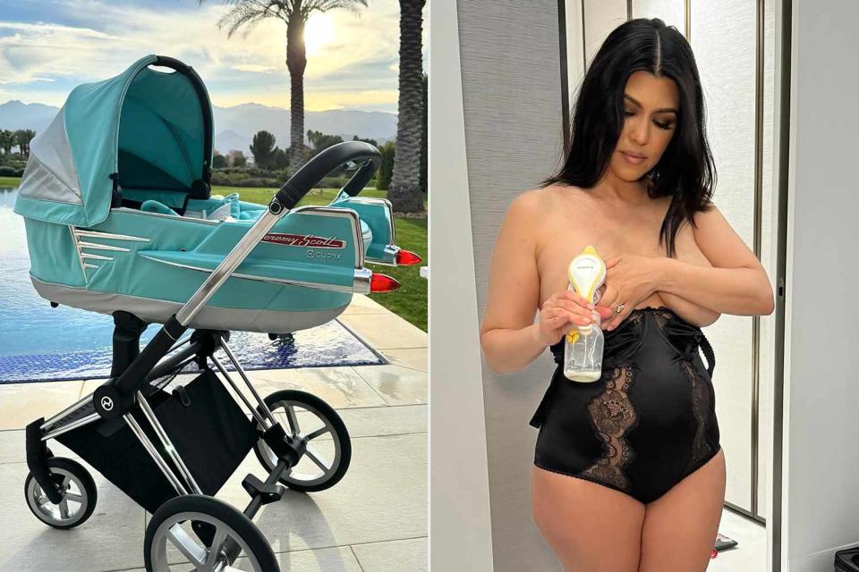 <p>kourtney kardashian/Instagram</p> Kourtney Kardashian pumping (R) and stroller (L)