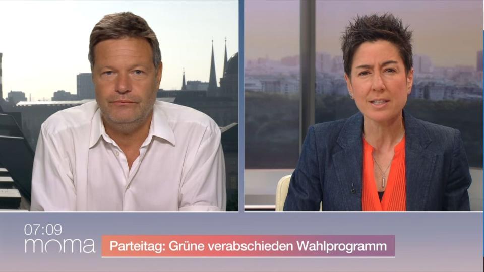 Dunja Hayali befragte Grünen-Chef Robert Habeck zu den Steuerplänen seiner Partei und zur Kanzlerkandidatur von Annalena Baerbock. (Bild: ZDF)