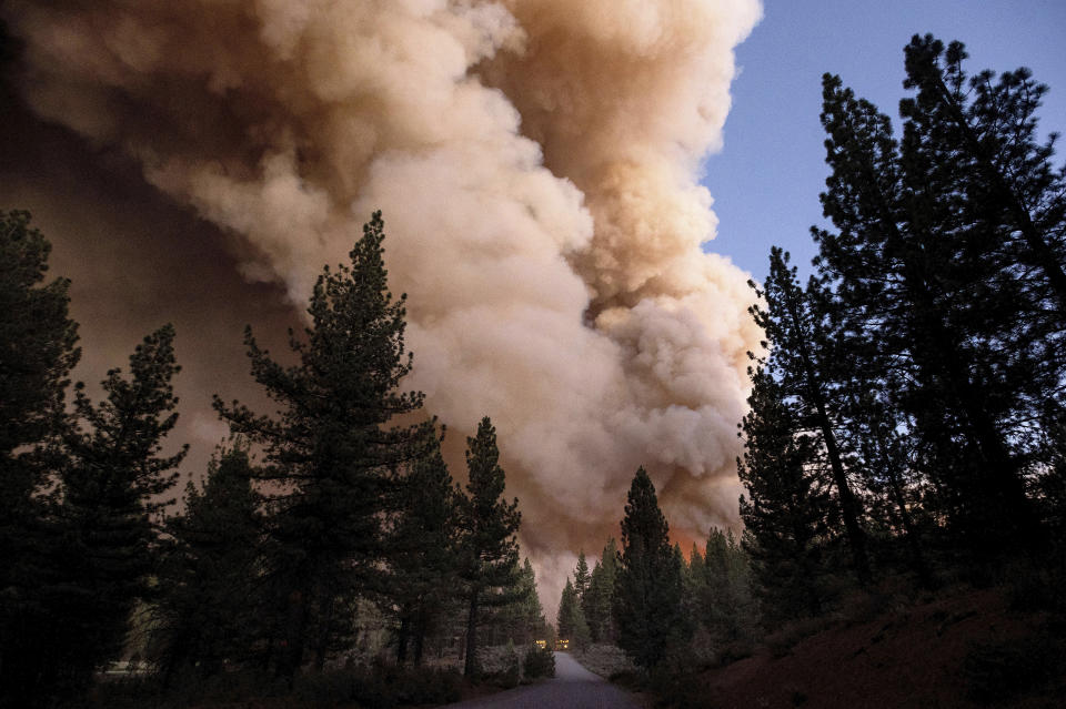 Plumes of smoke and fire rise over a roadway as the Sugar Fire, part of the Beckwourth Complex Fire, burns in Plumas National Forest, Calif., on Thursday, July 8, 2021. (AP Photo/Noah Berger)