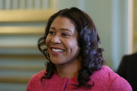 In this photo taken Friday, Nov. 1, 2019, San Francisco Mayor London Breed waits to address the annual Women In Construction Expo in San Francisco. San Francisco's mayor faces easy re-election in Tuesday's election but a hefty list of problems to solve, including a homelessness crisis, drug epidemic and a housing shortfall. The former president of the Board of Supervisors narrowly won a special June 2018 election to fill the seat left vacant by the sudden death of Mayor Ed Lee. (AP Photo/Eric Risberg)