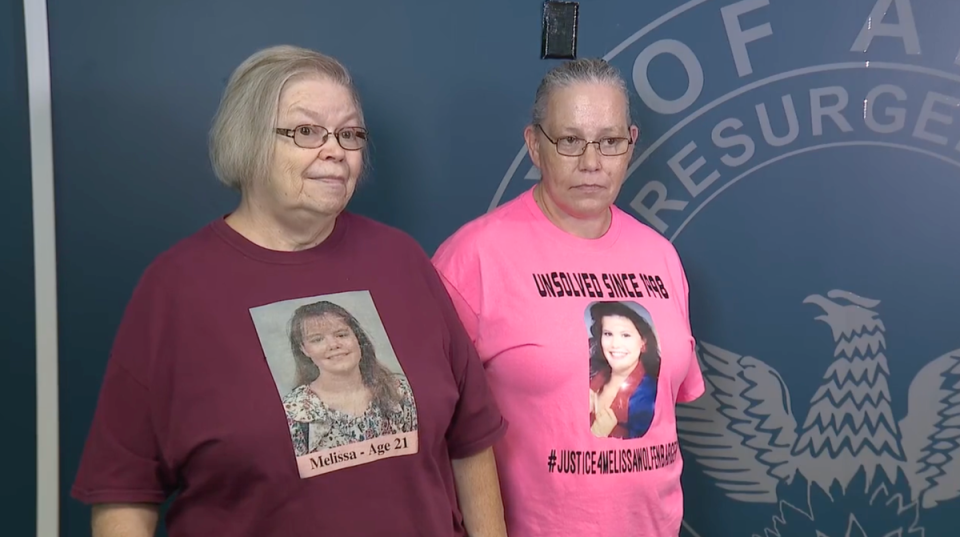 Norma Patton (left) and Tina Patton (right) pictured at a press conference on Wednesday wearing shirts honoring Melissa Wolfenbarger (Fox 5 Atlanta)