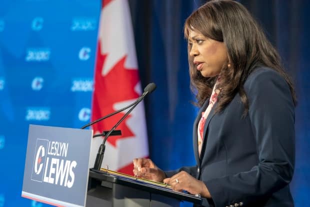 Former Conservative Party of Canada leadership candidate Leslyn Lewis makes her opening statement at the start of the French Leadership Debate in Toronto on Wednesday, June 17, 2020. 