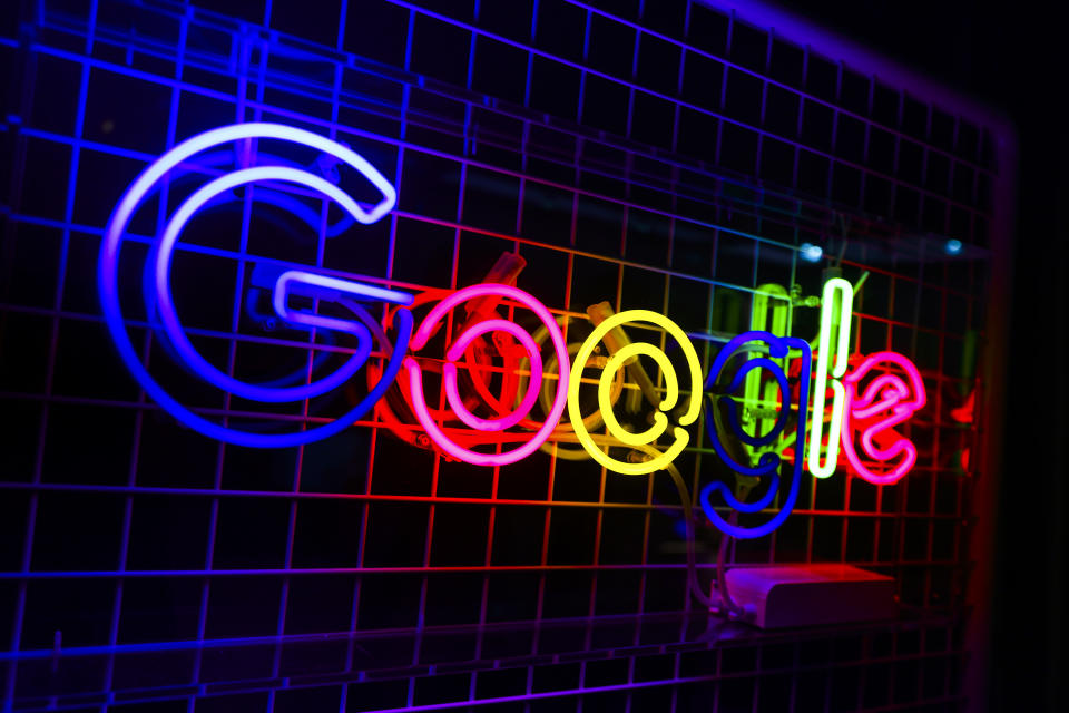 Google neon is seen during the reopening of Google office in a historical building at the Main Square in Krakow, Poland on November 29, 2022. After nearly seven years of absence, Google reopened in Krakow hiring engineers which together with hub in Warsaw will create the largest center in Europe dealing with Google Cloud computing services. (Photo by Beata Zawrzel/NurPhoto via Getty Images)