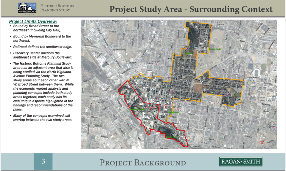 This map from a Ragan Smith study for the Murfreesboro government shows the Historic Bottoms area boundary in red in the Broad Street area from Old Fort Parkway to Dr. Martin Luther King Jr. Boulevard.