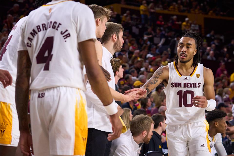 Arizona State Sun Devils guard Frankie Collins (10) returns to the bench while his team plays the Arizona Wildcats at Desert Financial Arena on Saturday, Dec. 31, 2022.