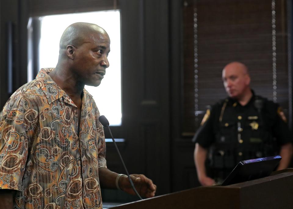 Kenneth Preston, father of defendant DeAngelo Preston, speaks before his son is sentenced Monday to 21 years to life in prison for the shooting death of Nykayla Lehman.
