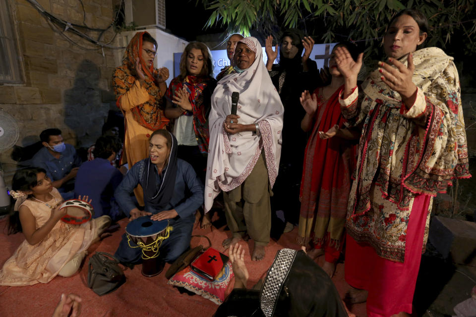 Transgender people attend a prayer service at Pakistan's first church for transgender worshippers, in Karachi, Pakistan, Friday, Nov. 13, 2020. Transgender Pakistanis are often mocked, abused and bullied, and Christians among them are a minority within a minority, often shunned even in churches. (AP Photo/Fareed Khan)