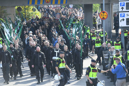 The Nordic Resistance Movement (NMR) march in central Gothenburg, Sweden September 30, 2017. Fredrik Sandberg/TT News Agency/via REUTERS