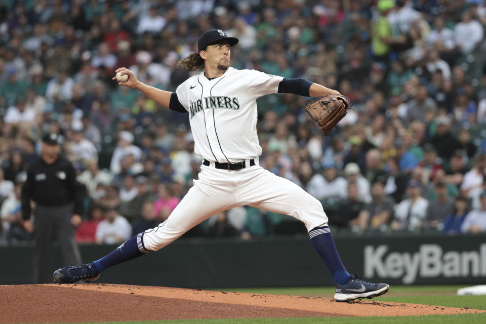 Seattle Mariners starting pitcher Logan Gilbert throws to a San Diego Padres batter during the first inning of a baseball game Tuesday, Sept. 13, 2022, in Seattle. (AP Photo/Jason Redmond)