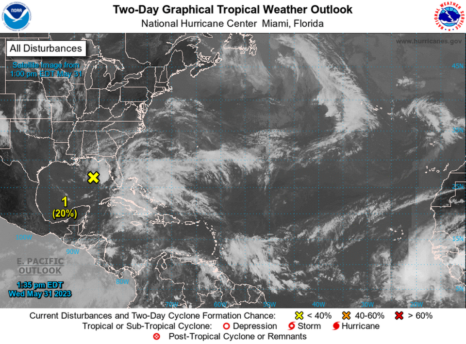 National Hurricane Center’s 2 p.m. Wednesday, May 31, 2023, tropics map shows a disturbance in the Gulf that has a low chance of development but will still bring rains to South Florida Wednesday through Saturday.