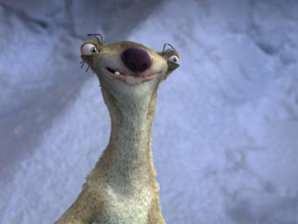 sid the sloth in ice age. he's a cartoonish looking animated animal, with large front teeth, a goofy expression on his face, and eyes on opposite sides of his head