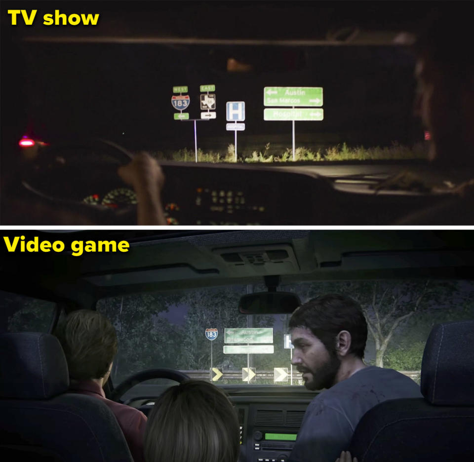 Tommy, Joel, and Sarah looking at street signs while driving