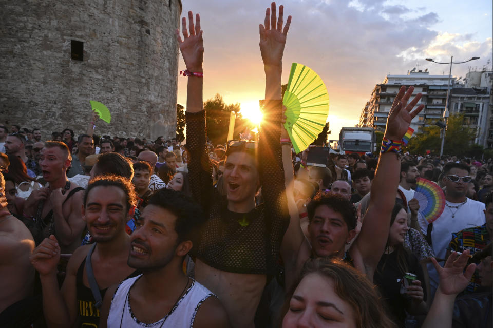 Revellers take part in EuroPride, a pan-European international LGBTI event featuring a Pride parade which is hosted in a different European city each year, in the northern port city of Thessaloniki, Greece, Saturday, June 29, 2024. (AP Photo/Giannis Papanikos)