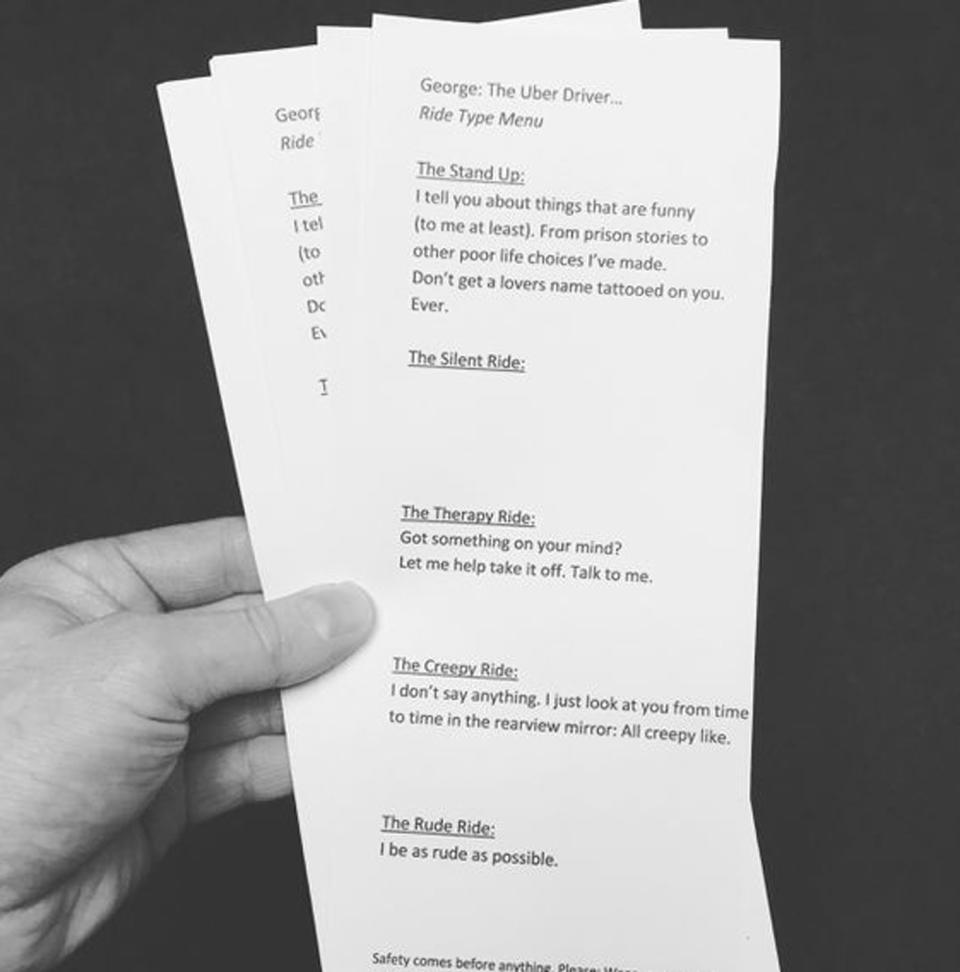 An Uber driver’s hilarious “ride menu” he hands out to passengers has gone viral. Photo: Facebook/ George Ure