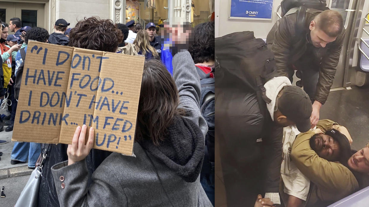 Left: Marchers in Manhattan protest the death of Jordan Neely. One holds a sign reading, I don't have food ... I don't have drink ... I'm fed up! Right: A passenger holds his arm around Neely's neck on a New York City subway train on Monday.