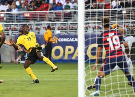 Jul 26, 2017; Santa Clara, CA, USA; Jamaica defender Je-Vaughn Watson scores a goal in the second half against the United States in the CONCACAF Gold Cup final at Levi's Stadium. Mandatory Credit: Mark J. Rebilas-USA TODAY Sports