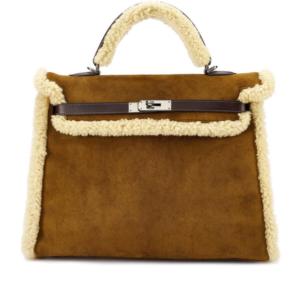 Brown Hermes Kelly bag with shearling trim