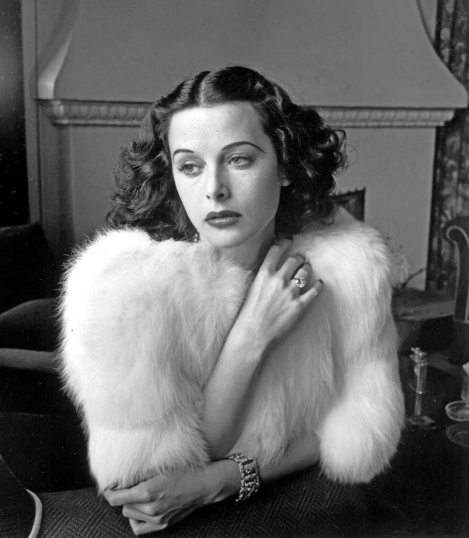 Actress Hedy Lamarr is shown in a 1938 portrait.