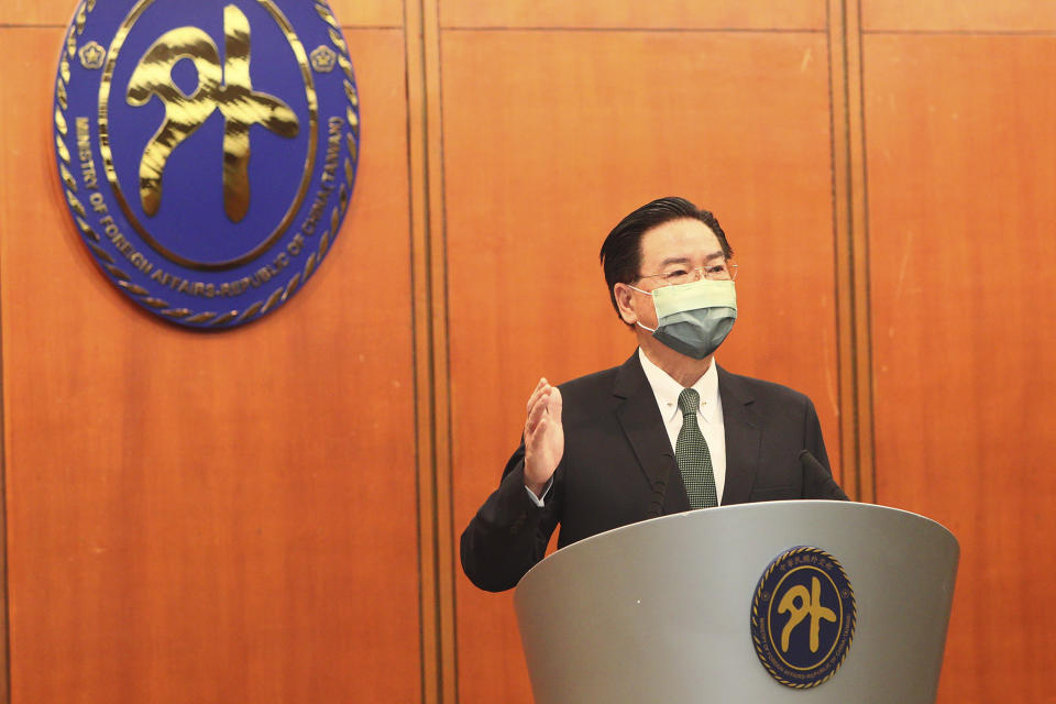 In this photo released by the Taiwan Ministry of Foreign Affairs, Taiwan's Foreign Minister Joseph Wu speaks during a press conference in Taipei, Taiwan on Tuesday, Aug. 9, 2022. Wu on Tuesday said that China aims to control the East and South China Seas via the Taiwan Strait, describing a greater ambition to upend the Asian status quo and prevent nations from aiding the self-governing island. (Taiwan Ministry of Foreign Affairs via AP)