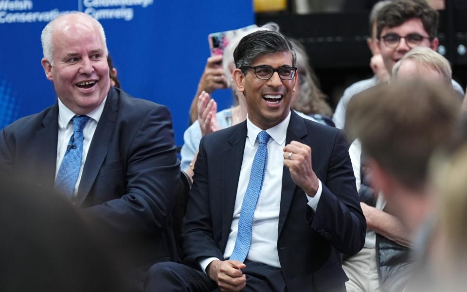 Rishi Sunak, the Prime Minister, attends the launch of the Welsh Tory manifesto in Rhyl, Wales, this morning