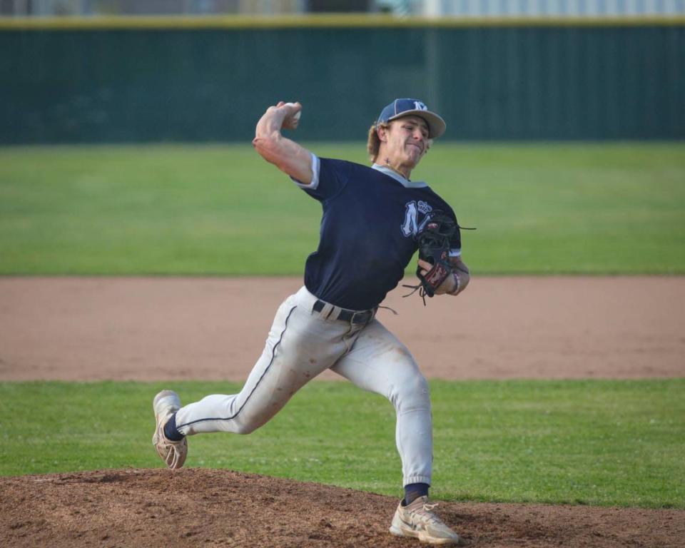 Thomas Glenn pitches. Mission Prep lost a 6-5 decision to Pioneer Valley in a baseball game that went 11 innings May 10, 2024.