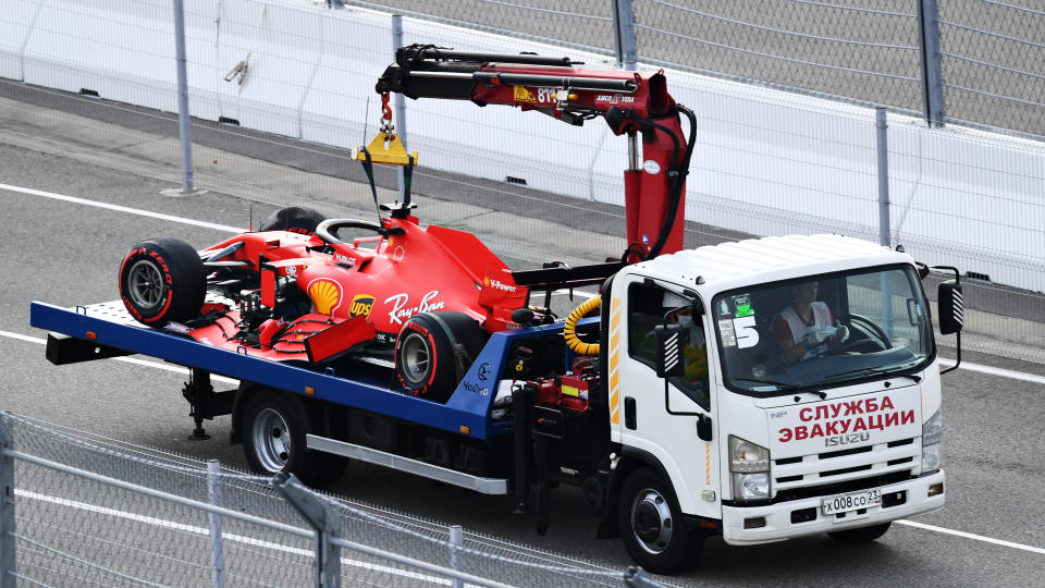 SOCHI, RUSSIA - SEPTEMBER 26: The car of Sebastian Vettel of Germany and Ferrari is carried on a recovery truck after a crash during qualifying ahead of the F1 Grand Prix of Russia at Sochi Autodrom on September 26, 2020 in Sochi, Russia. (Photo by Clive Mason - Formula 1/Formula 1 via Getty Images)