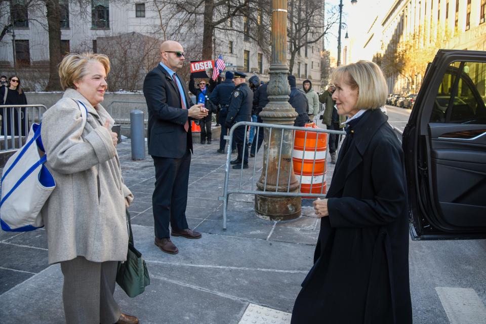 The lawyer Roberta Kaplan (left) is seen with E. Jean Carroll outside the Daniel Patrick Moynihan United States Courthouse as the defamation civil trial continues against former President Donald Trump continues in New York City on Jan. 22, 2024.