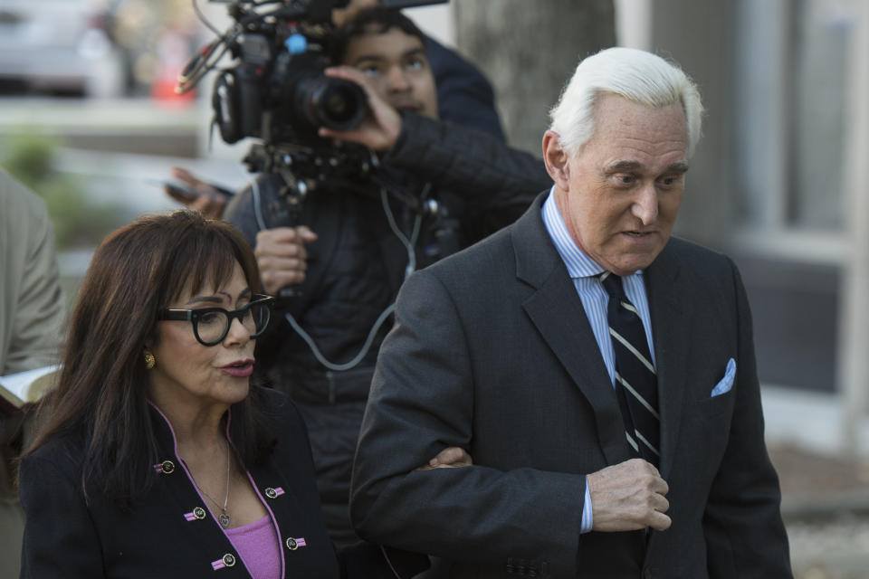 Roger Stone and his wife Nydia arrive at Federal Court for the second day of jury selection for his federal trial, in Washington, Wednesday, Nov. 6, 2019. Stone, a longtime Republican provocateur and former confidant of President Donald Trump, goes on trial over charges related to his alleged efforts to exploit the Russian-hacked Hillary Clinton emails for political gain. (AP Photo/Cliff Owen)