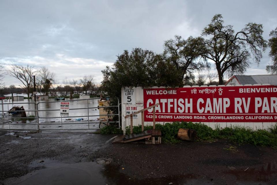 Catfish Camp RV park has been flooded by the San Joaquin River in Crow Landing, Calif., Wednesday, March 22, 2023.