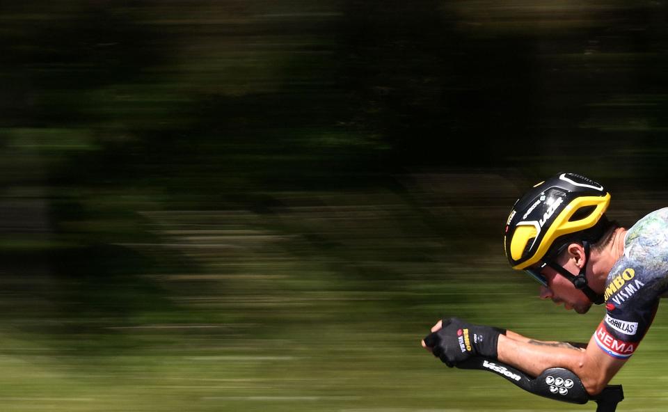 Jumbo-Visma team's Slovenian rider Primoz Roglic cycles during a training session (AFP via Getty Images)