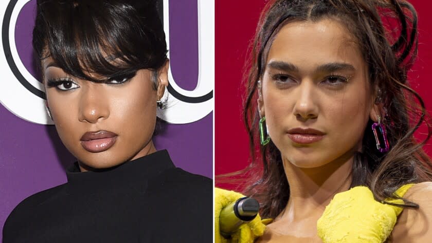 Separate head shots of Megan Thee Stallion, left, and Dua Lipa