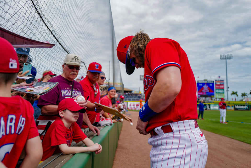 Bryce Harper says he's not concerned about the coronavirus. (Photo by Mark Brown/Getty Images)